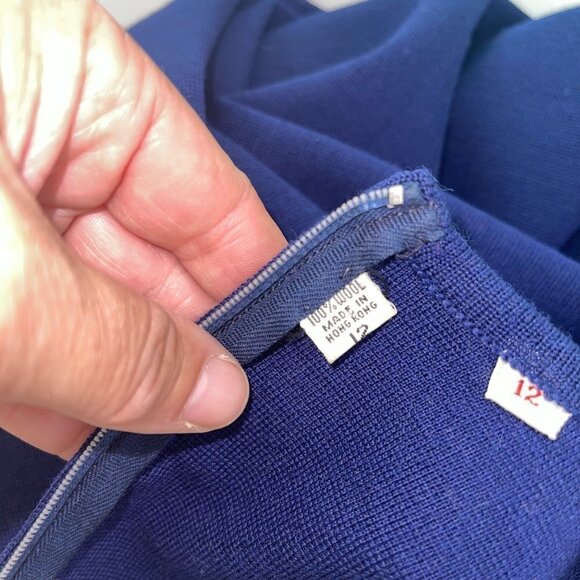 Vintage Womens Shift Dress Size 12 Navy Knit Mock Neck Knee Length Pure Wool - Picture 6 of 10